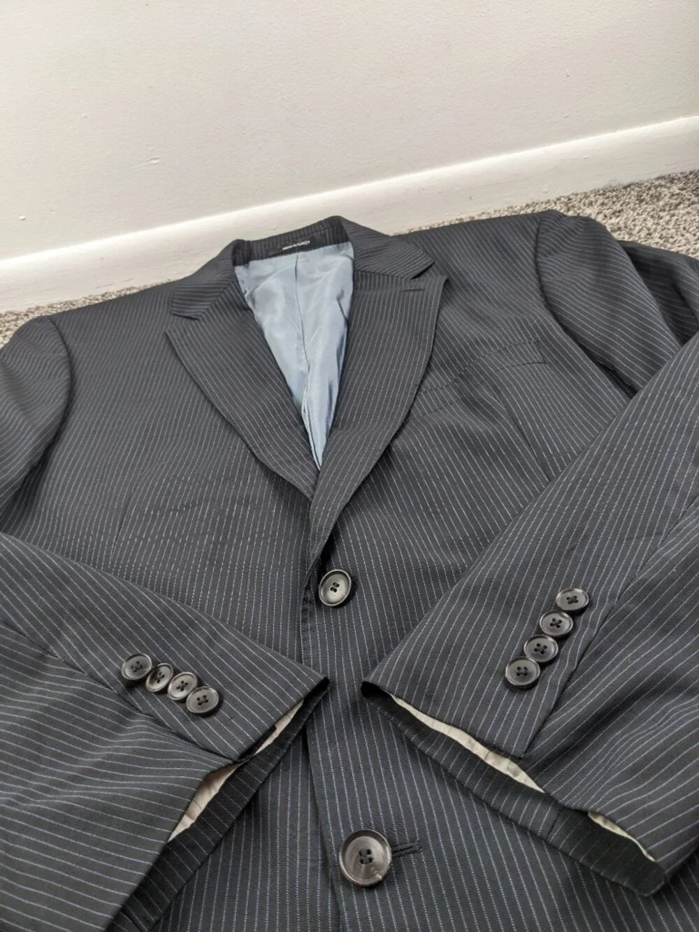 Hugo Boss 46R Wool Pinstripe 2 PC Suit Pasolini 1 Movie 1 Black Blue 40x30